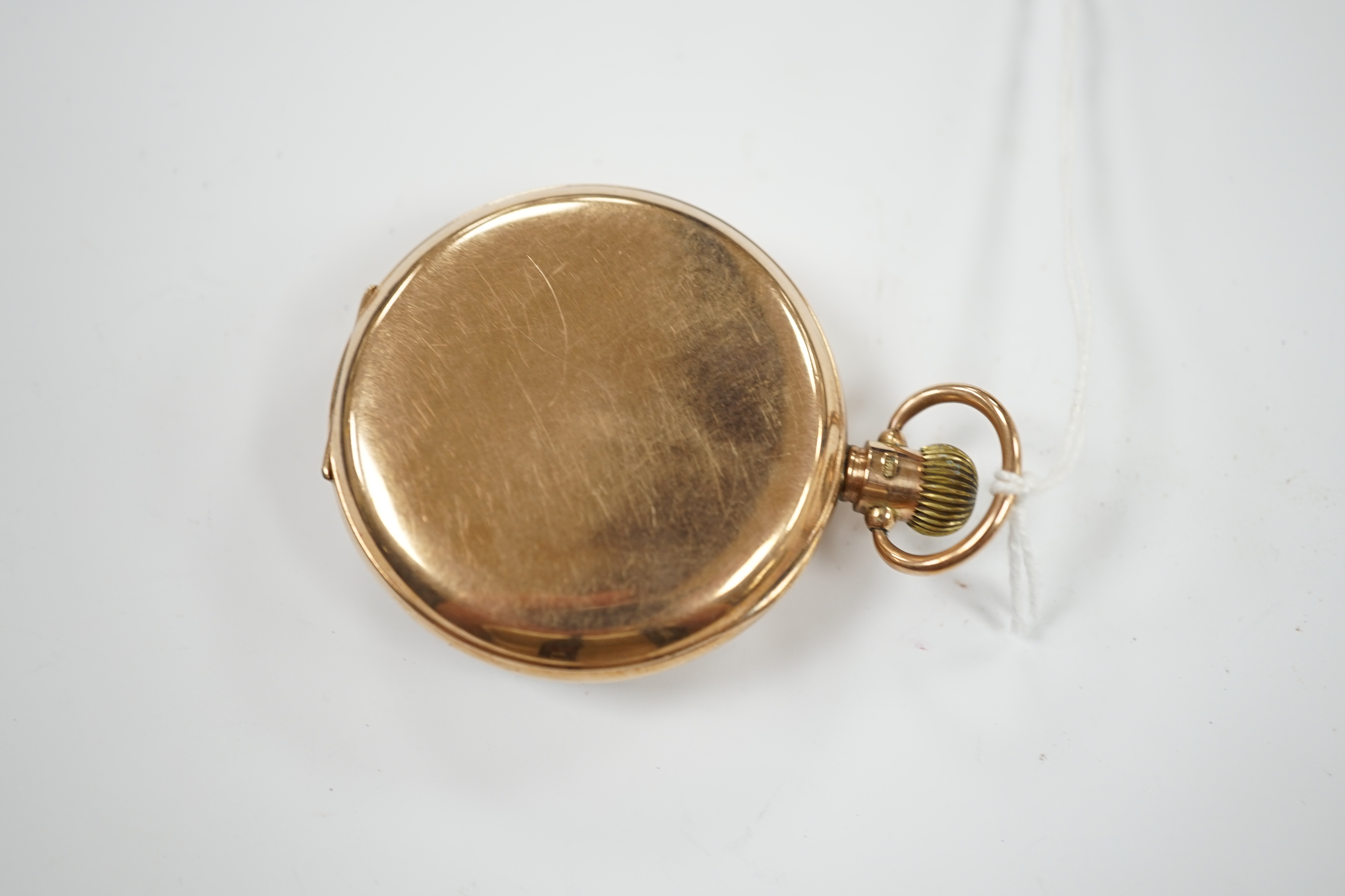 A George V 9ct gold open face keyless pocket watch, retailed by Yewdale of Leeds, with Roman dial and subsidiary seconds, case diameter 48mm, gross weight 79.4 grams.